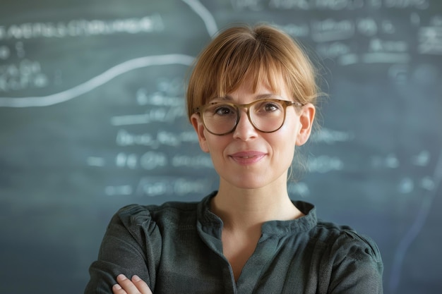 Eine Lehrerin mit lächelnden Brillen und einer Tafel im Hintergrund