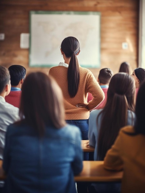 Eine Lehrerin steht mit dem Rücken zur Kamera in einem Klassenzimmer.