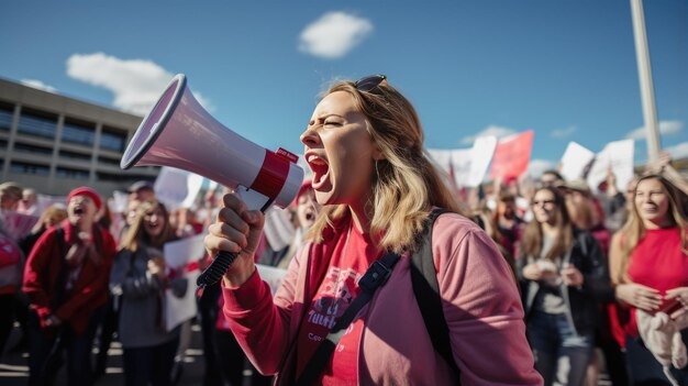 Eine leidenschaftliche Frau schreit in ein Megafon und führt während einer Protestdemonstration eine Menschenmenge an