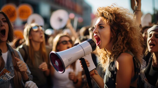 Eine leidenschaftliche Frau schreit in ein Megafon und führt während einer Protestdemonstration eine Menschenmenge an