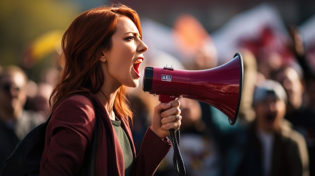 Eine leidenschaftliche Frau schreit in ein Megafon und führt während einer Protestdemonstration eine Menschenmenge an