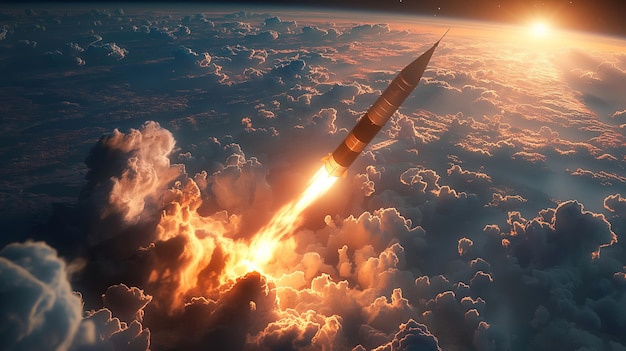 Eine leistungsfähige Rakete durchbohrt den Sonnenaufgang und hinterlässt Feuer, während sie durch ein Meer von Wolken bricht.