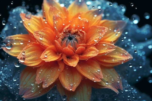 Eine leuchtend orangefarbene Blume mit Wassertropfen darauf