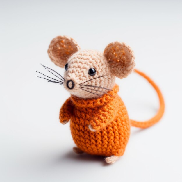 Eine leuchtend orangefarbene Strickmaus, ein gebackener Mori Kei-Stillleben