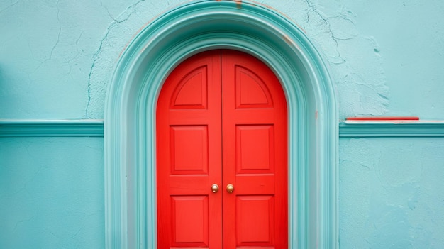 Eine leuchtend rote gewölbte Tür in einer lebendigen Teal-Wand