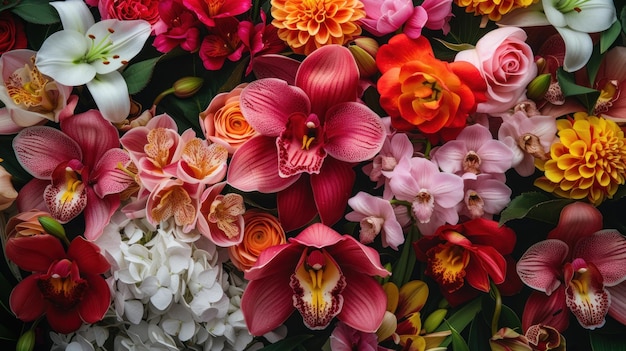 Eine leuchtende Auswahl an exotischen Blumen Orchideen Rosen Dahlias Lilien in einem bunten Blumenarrangement