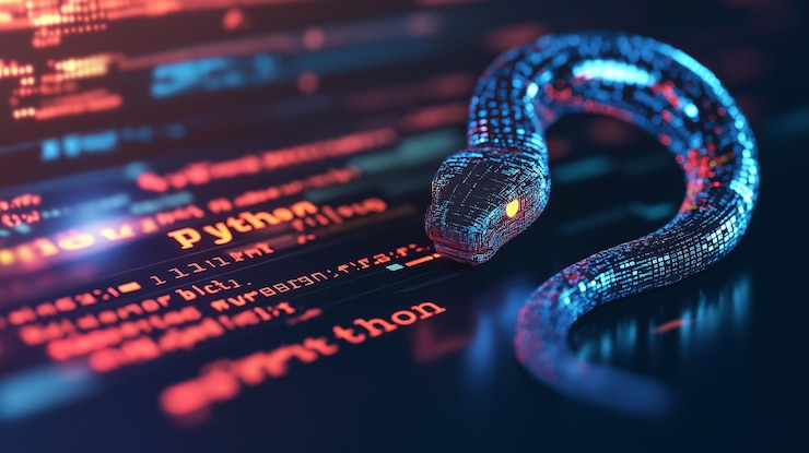 Foto eine leuchtende blaue schlange aus code auf einem bildschirm mit dem hervorgehobenen wort python