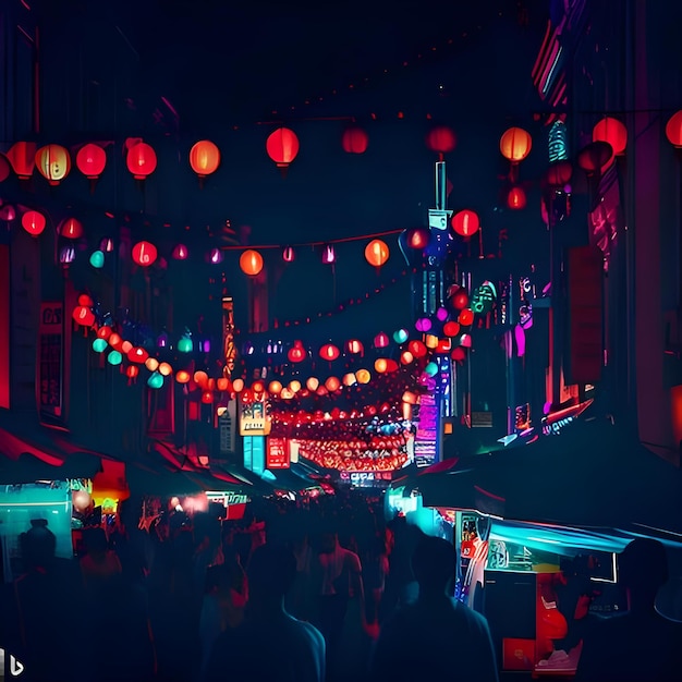 Eine leuchtende Chinatown-Straße mit Laternen und Neonlicht, die Menschen genießen