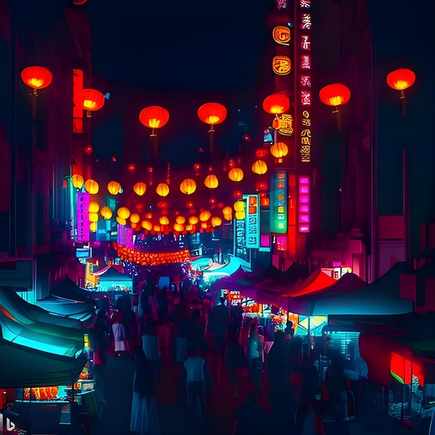 Eine leuchtende Chinatown-Straße mit Laternen und Neonlicht, die Menschen genießen