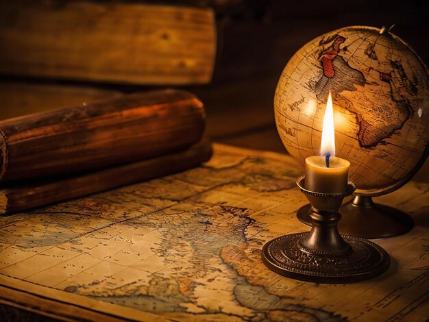 Eine leuchtende Kerze beleuchtet die alte Weltkarte auf einem Holztisch