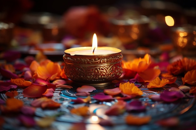 Eine leuchtende Kerze inmitten der farbenfrohen Dekoration von Diwali entfacht die Freude des Festivals