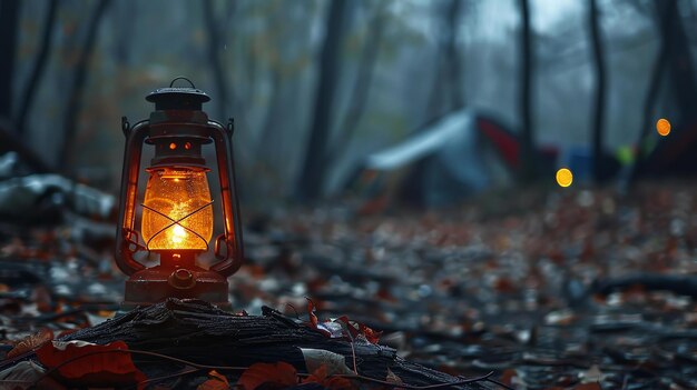 Eine leuchtende Laterne sitzt auf einem moosigen Baumstamm im Wald. Das warme Licht wirft einen Leuchter auf die umliegenden Blätter und Bäume.