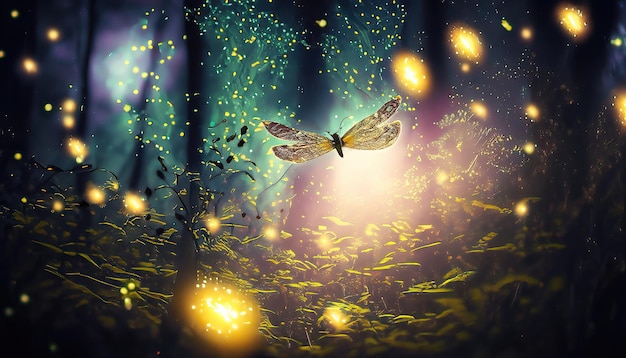 Eine leuchtende Libelle fliegt durch einen Wald mit einem leuchtenden Licht im Hintergrund.