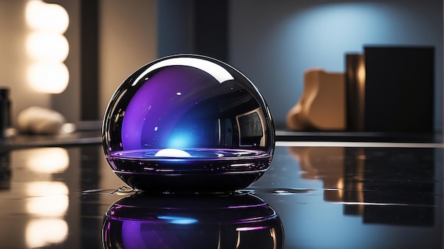 Eine leuchtende lila Kugel sitzt auf einem Tisch mit einer Spiegelung eines Gebäudes auf der Oberfläche