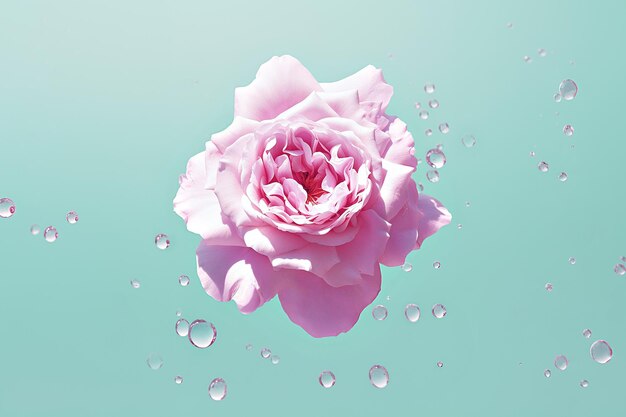 Foto eine leuchtende rosa rose hängt zwischen kristallklaren wassertropfen vor einem beruhigenden minz-hintergrund