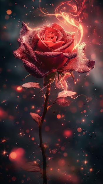 Foto eine leuchtende rote rose mit funkelnden blütenblättern und ätherischem licht wirbelt vor einem dunklen, sternenreichen hintergrund