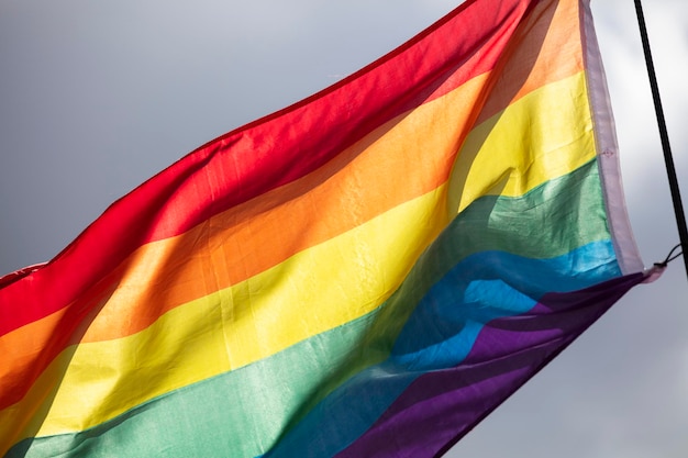 Eine LGBT-Gay-Pride-Regenbogenfahne, die bei einer Pride-Community-Feierveranstaltung geschwenkt wird