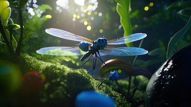 Eine Libelle fliegt in einem Wald mit einer blauen Blume im Hintergrund.