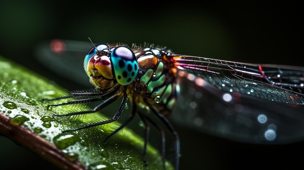 Eine Libelle mit regenbogenfarbenem Körper sitzt auf einem grünen Blatt.