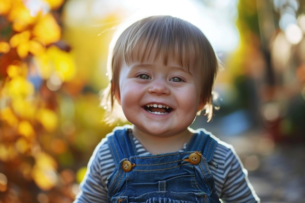 Eine liebenswerte Momentaufnahme eines Kindes mit Down-Syndrom, das Augenkontakt mit der Kamera hat und ein herzliches, fröhliches Lächeln teilt