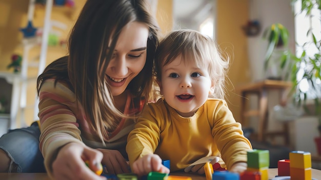 Eine liebevolle Mutter spielt mit ihrem Kleinkind auf dem Boden ihres Hauses. Beide lächeln und scheinen ihre Zeit zusammen zu genießen.