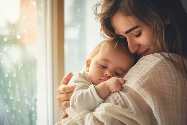 Eine liebevolle Mutter umarmt ihr kleines Baby zu Hause