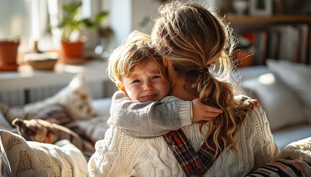 Eine liebevolle, verständnisvolle Mutter umarmt ein weinendes Kind, tröstet ein verärgertes Kind, kümmert sich um die Mutter.