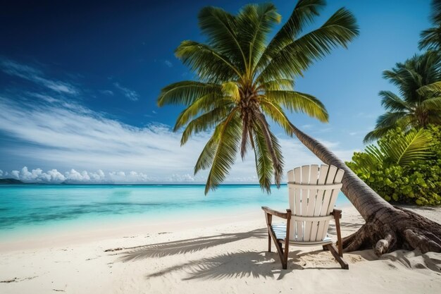 eine Liege und eine Kokospalme an einem tropischen Strand auf einer paradiesischen Insel