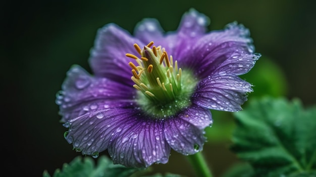 Eine lila Blume mit den Regentropfen darauf