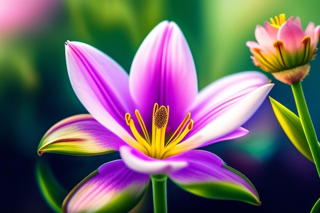Eine lila Blume mit gelben und rosa Blütenblättern