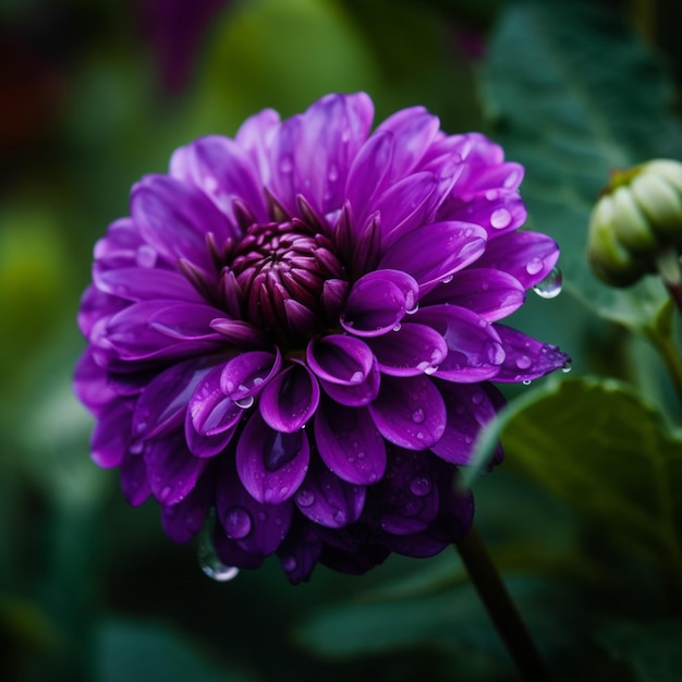 Eine lila Blume mit Wassertröpfchen darauf