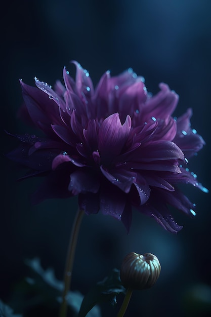 Eine lila Blume mit Wassertropfen darauf