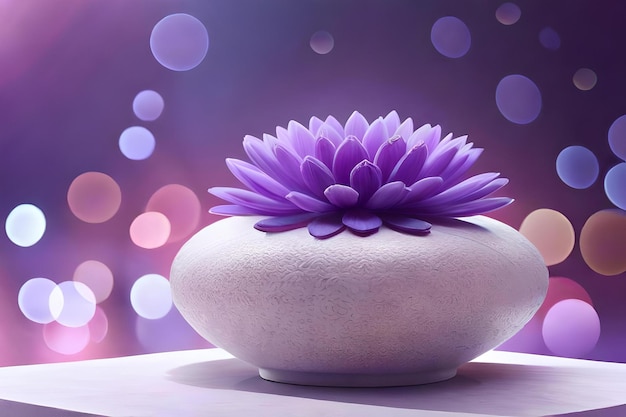 Eine lila Blume steht auf einem weißen Topf mit lila Lichtern im Hintergrund.