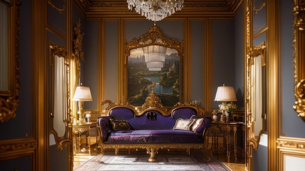 Eine lila Couch in einem Zimmer mit einem Kronleuchter und einem Gemälde an der Wand.