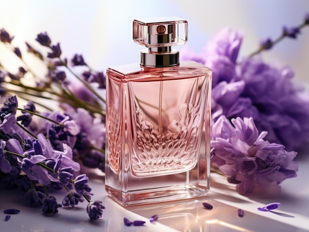 Eine lila Parfümflasche, umgeben von Lavendel auf weißem Hintergrund