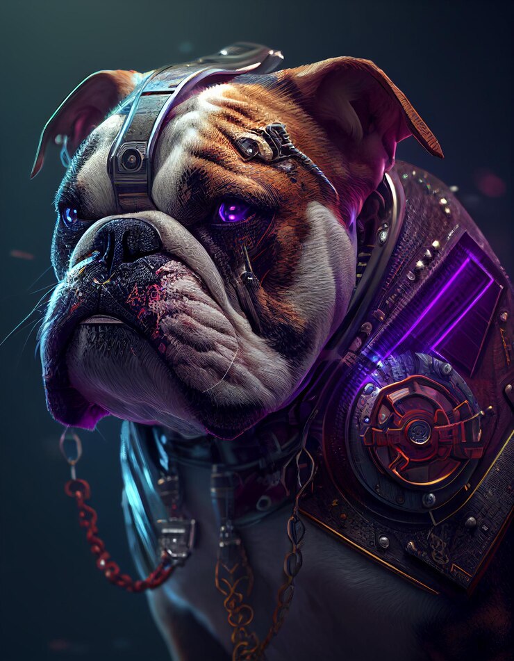 Foto eine lila-schwarze bulldogge mit lila augen steht vor einem dunklen hintergrund.
