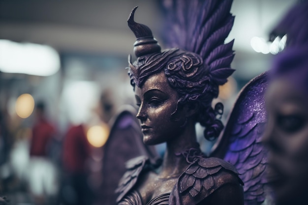 Eine lila Statue einer geflügelten Frau mit Flügeln und Hörnern.