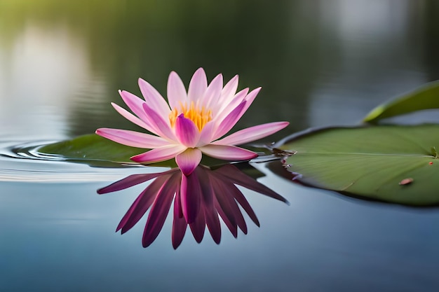 eine lila Wasserlilie mit der Reflexion des Himmels und des Wassers im Hintergrund.