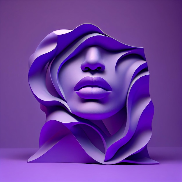 Eine lila-weiße Papierskulptur des Gesichts einer Frau wird von einem Modell hergestellt.