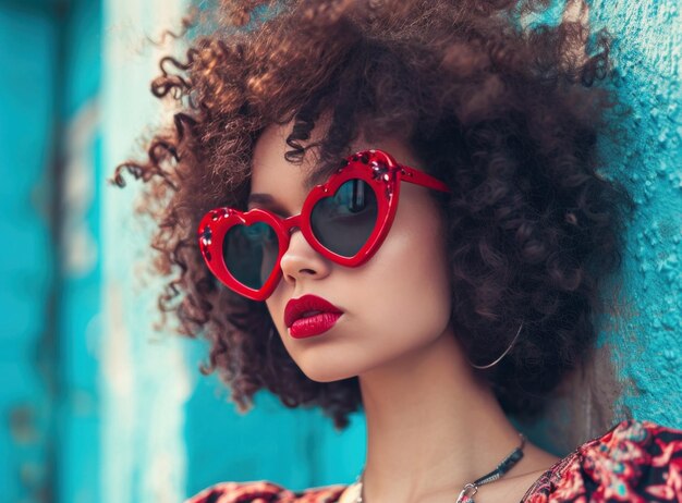 eine lockerhaarige Frau mit einer niedlichen roten herzförmigen Sonnenbrille