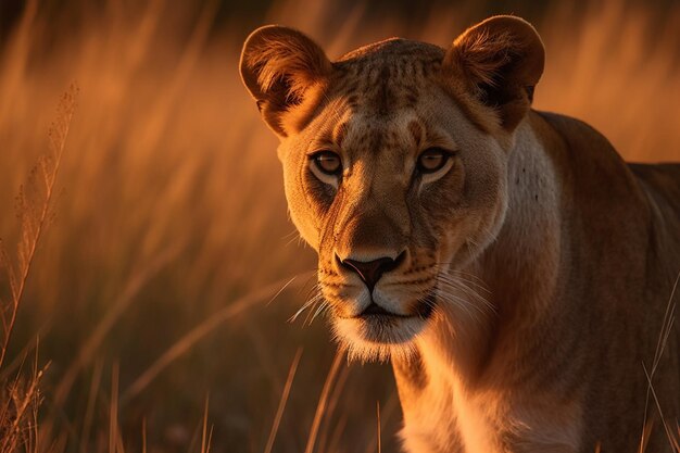 Eine Löwin im Gras bei Sonnenuntergang