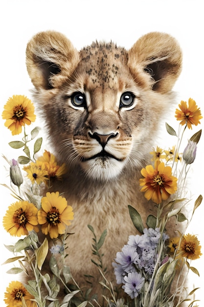 Eine Löwin mit Blumen darauf