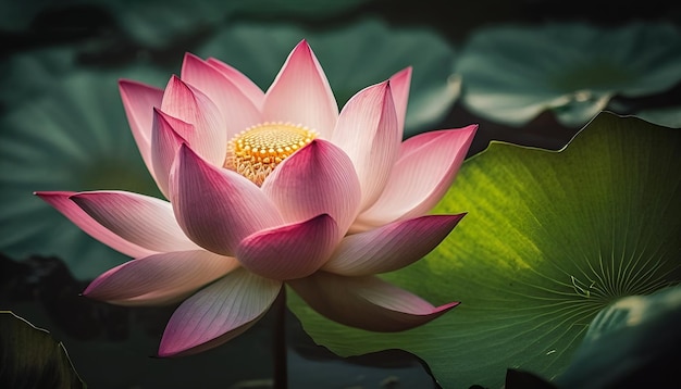 Eine Lotusblume mit einem grünen Blatt im Hintergrund