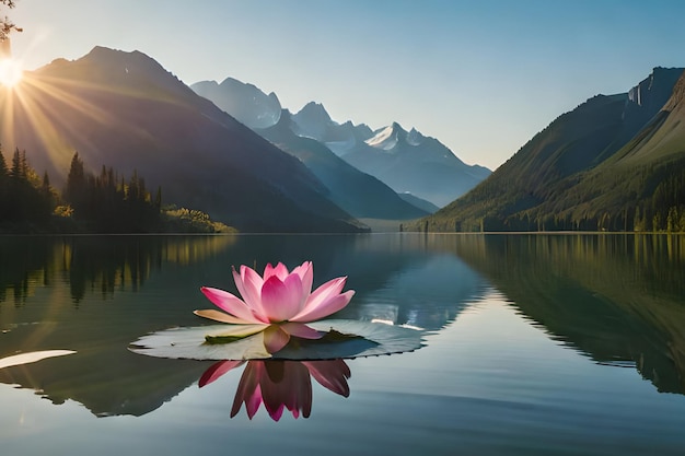 Eine Lotusblume sitzt auf einem See mit Bergen im Hintergrund.