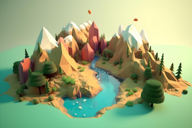 Eine Low-Poly-3D-Kunst einer Berglandschaft mit Bergen und Bäumen