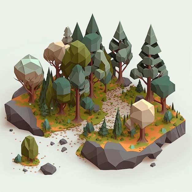 Eine Low-Poly-Landschaft mit Bäumen und Felsen