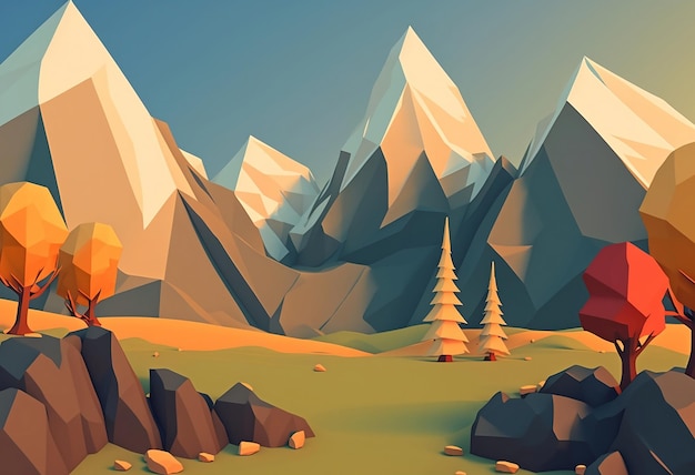 Eine Low-Poly-Landschaft mit Bergen und Bäumen im Hintergrund.