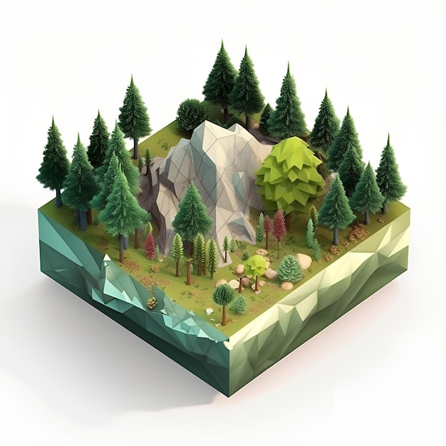 Eine Low-Poly-Landschaft mit einem Berg in der Mitte.