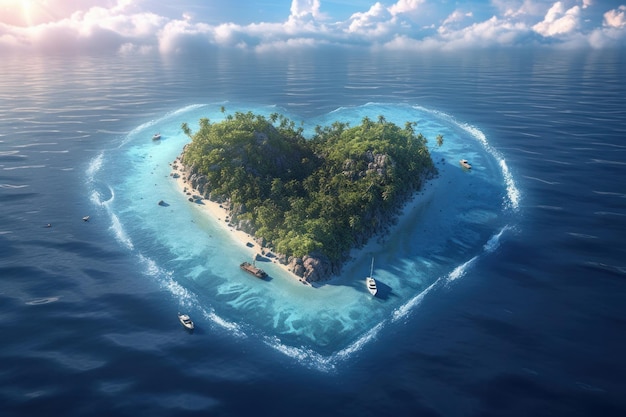 Eine Luftansicht auf eine herzförmige Insel Palmen