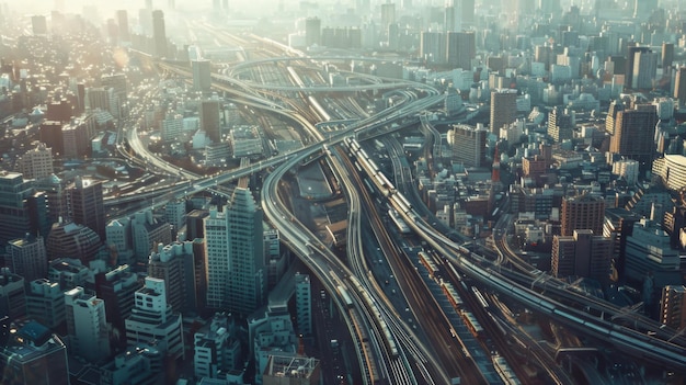 Eine Luftansicht einer ausgedehnten Metropole mit einem Netz von erhöhten Eisenbahnschienen, die das Stadtbild kreuzen und die Verknüpfung der städtischen Verkehrssysteme hervorheben